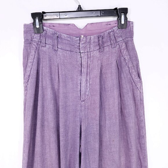Free People Linen Trousers Calla Pleated Size 0 Purple Straight Leg Pants - Picture 5 of 15